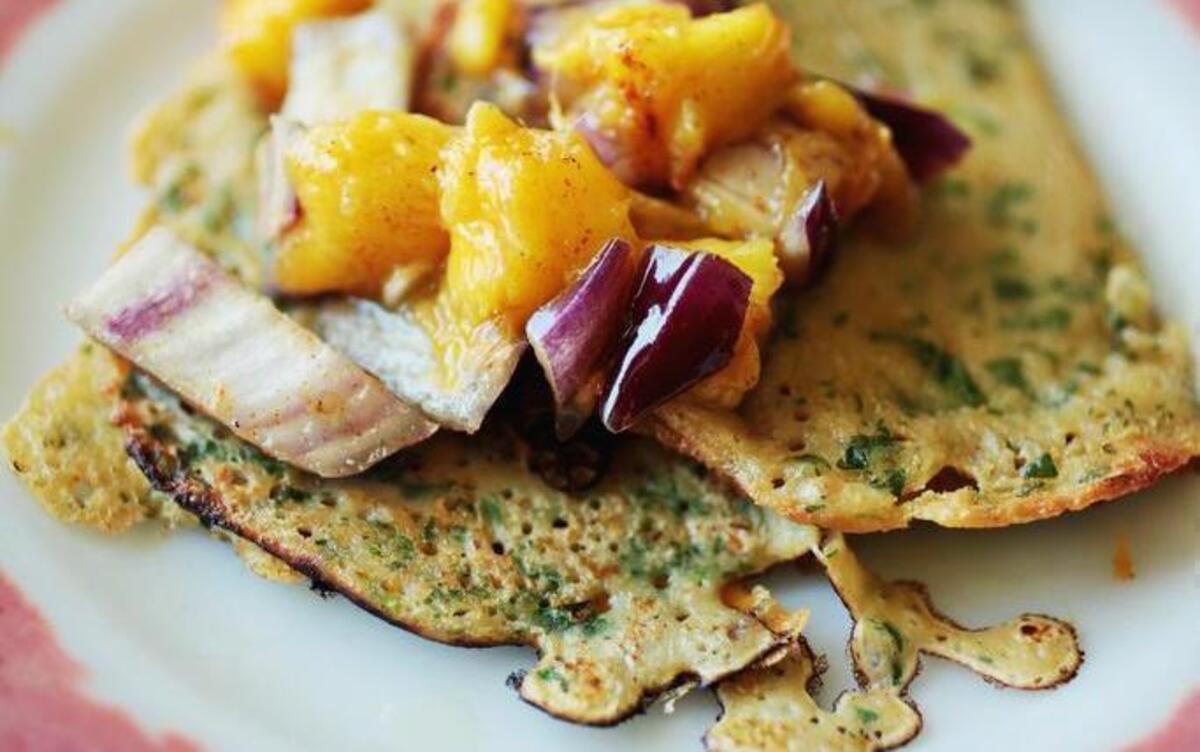 
Mango relish dresses up flavorful gluten-free chickpea flour crepes. 
