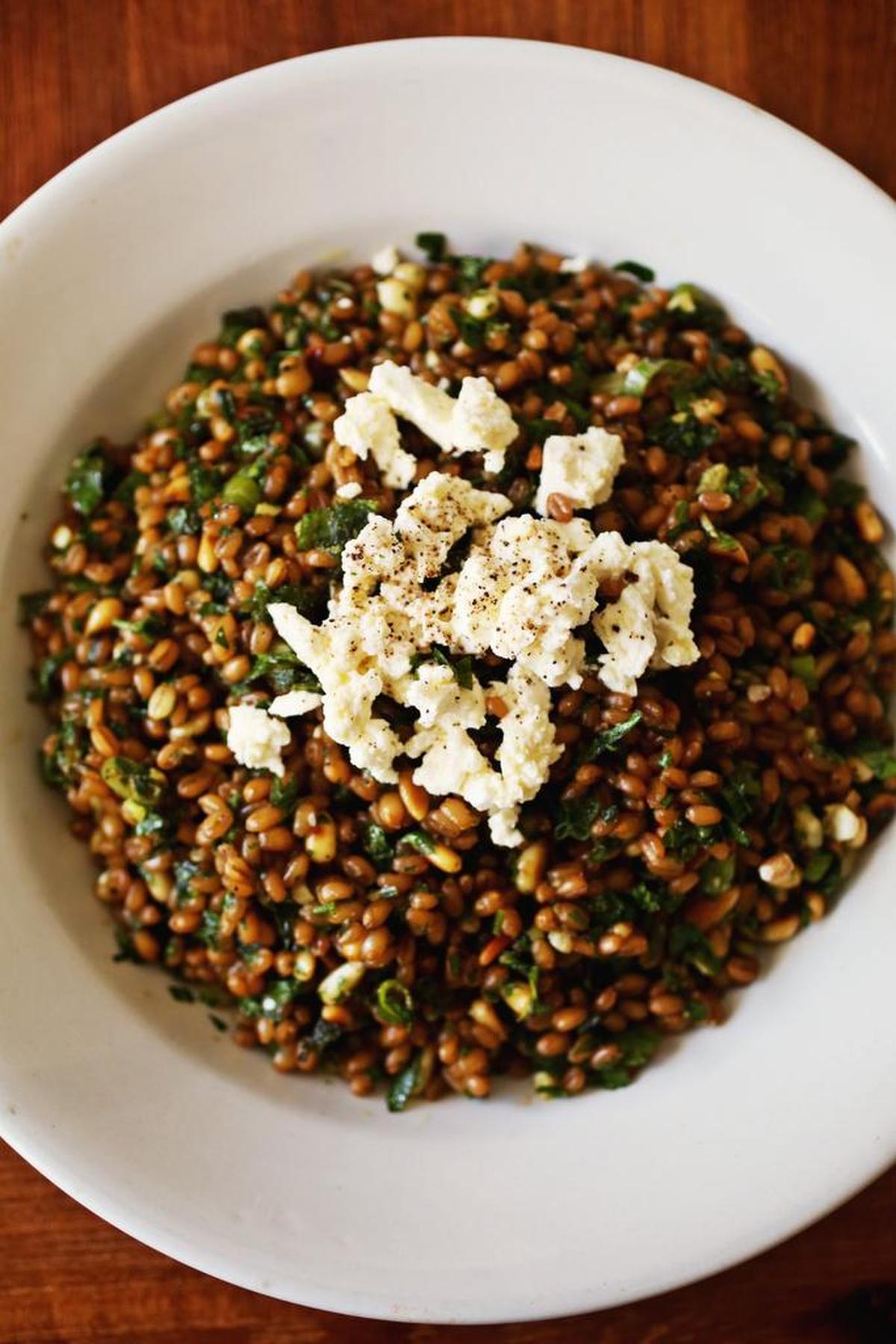 Parsley and wheat berry salad with feta.