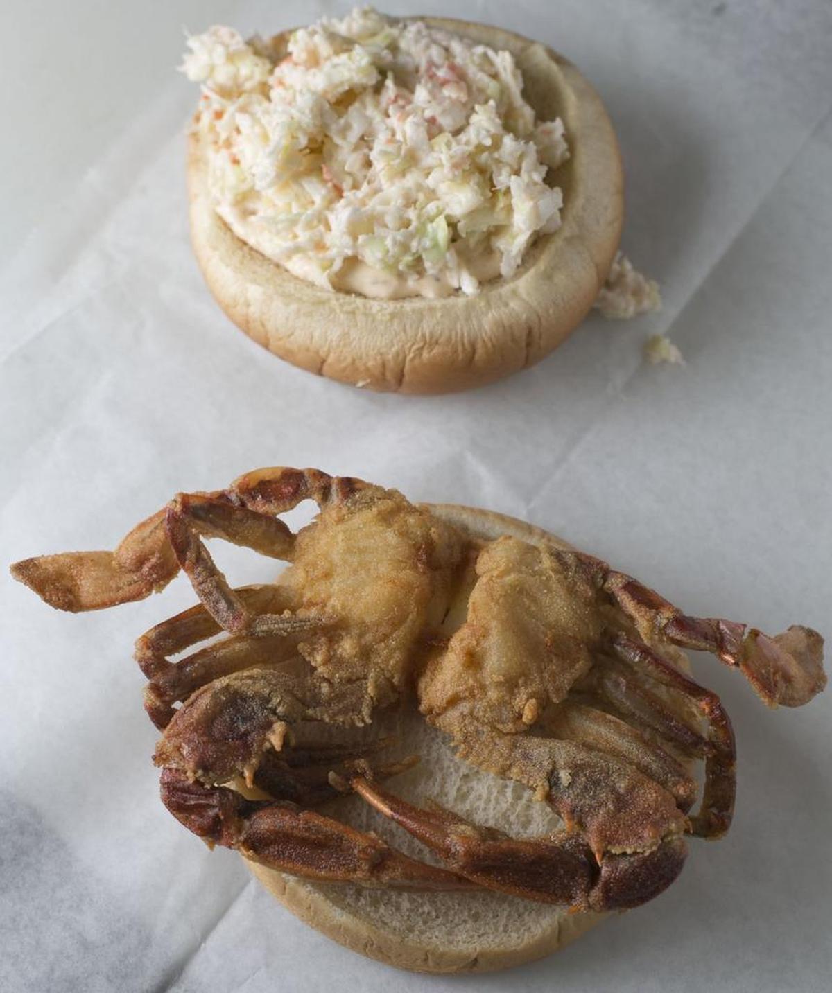 The soft shell crab sandwich with homemade tartar sauce and slaw from the White Point Take Out restaurant in Atlantic, N.C.