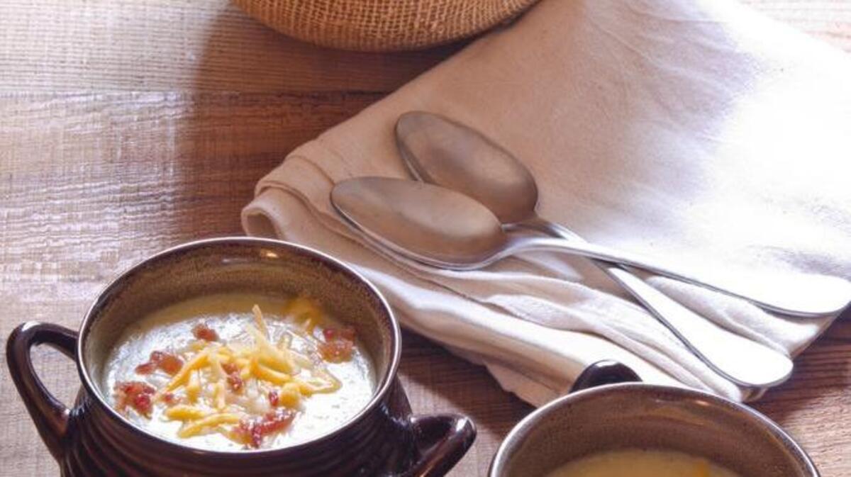 Celery root soup can be kid-friendly with bacon and cheese.