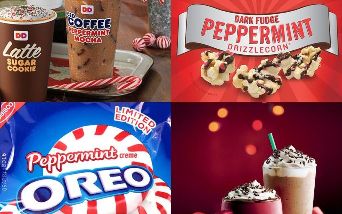 Winter is coming, and so are all things peppermint, including: clockwise from top left, Dunkin’ Donuts’ Peppermint Mocha iced coffee, Dark Fudge Peppermint Drizzlecorn from Popcorn Indiana, Nabisco’s Peppermint Oreos and Holiday Peppermint Mocha Frappuccino from Starbucks.