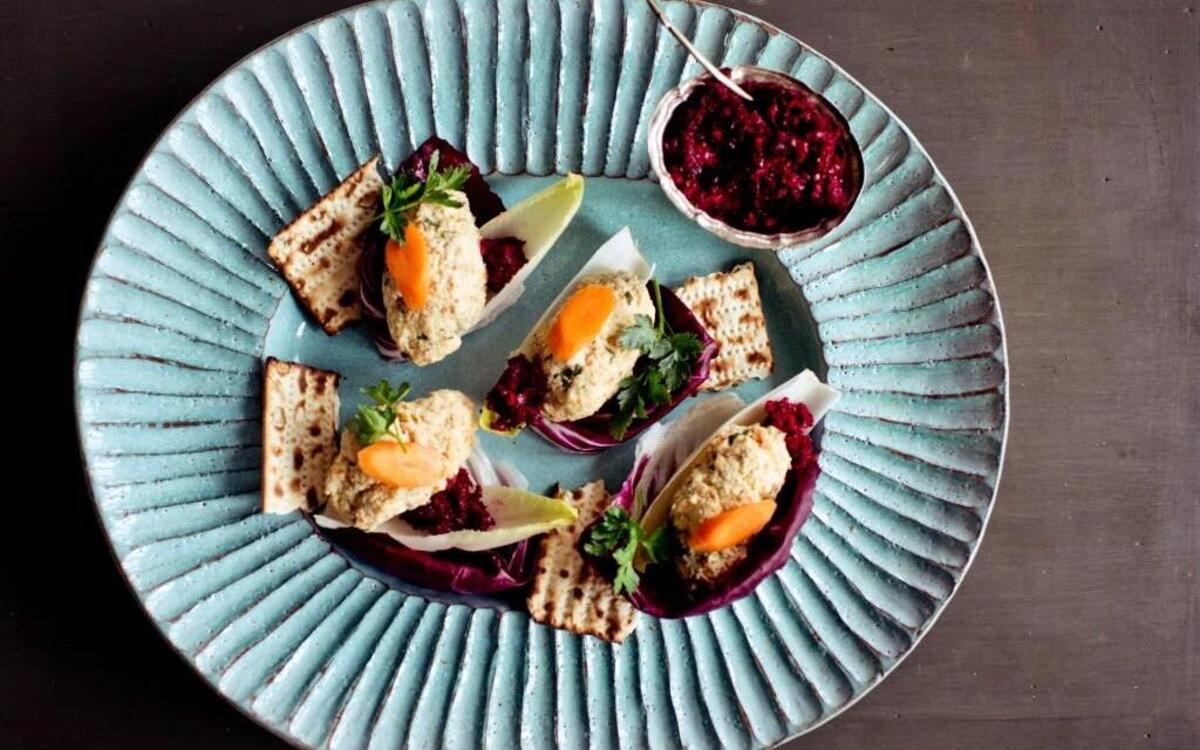 Gefilte fish, simmered in a vegetable court-bouillon.