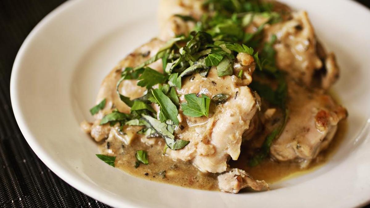 Provence chicken with white wine sauce.