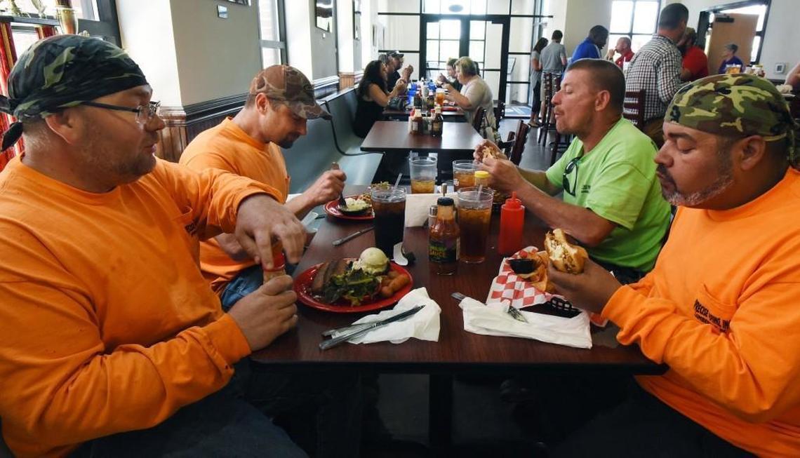 A crew of workers from Lumberton chow down at Pattan's Downtown Grille in Rockingham, N.C., Thursday, May 25, 2017. From left, Joseph Pomranky, Josh Johnson, Jerry Eason and Jamie Oxedine enjoyed the food so much they ate lunch at Pattan's three out of five days.