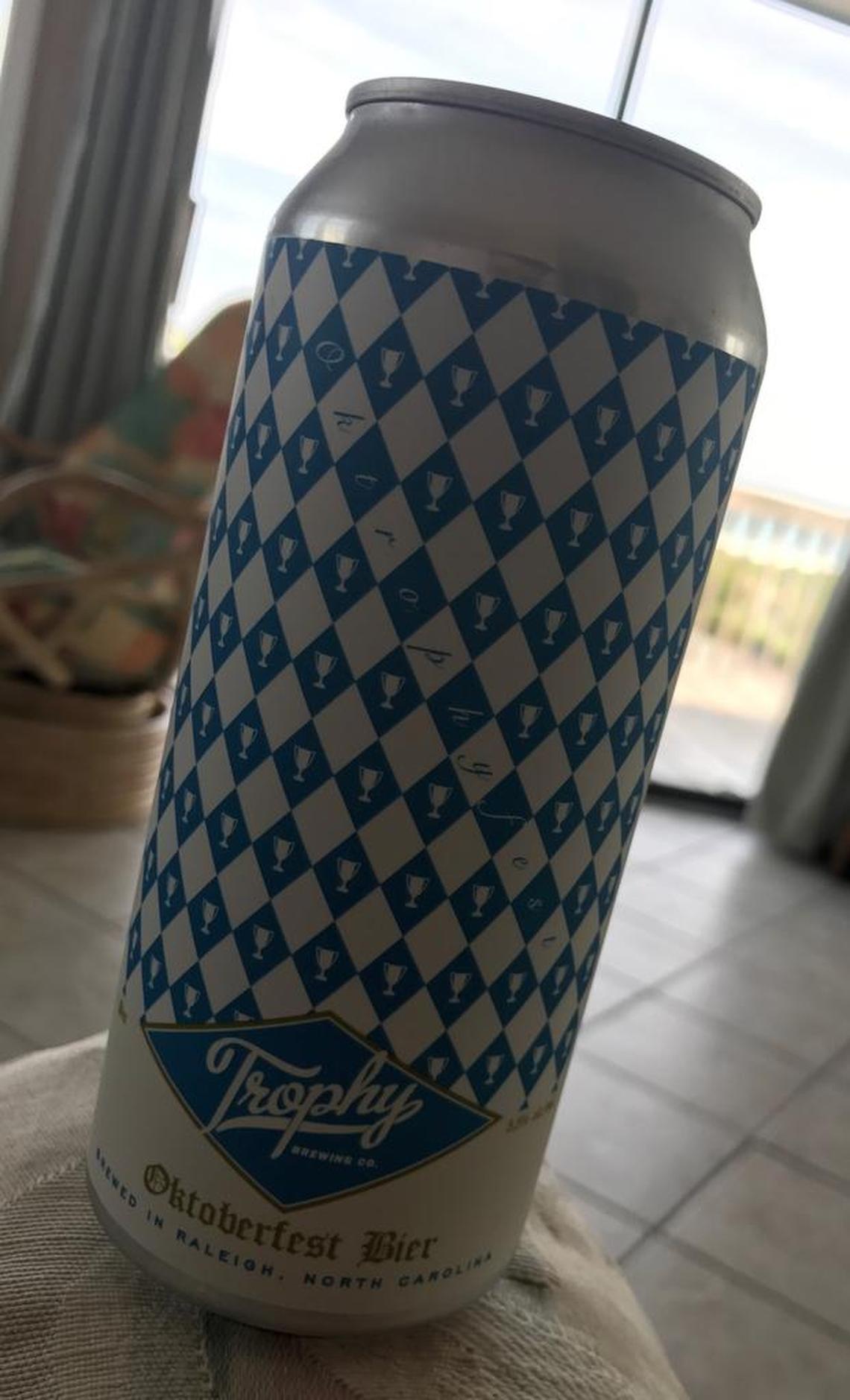 Märzen, the traditional Oktoberfest beer, is a lager that ranges in styles but tends to be a little more full-bodied and darker in color than your average lager. Raleigh’s Trophy Brewing is canning its Märzen in tallboys featuring the white-and-blue checkered flag of Bavaria.