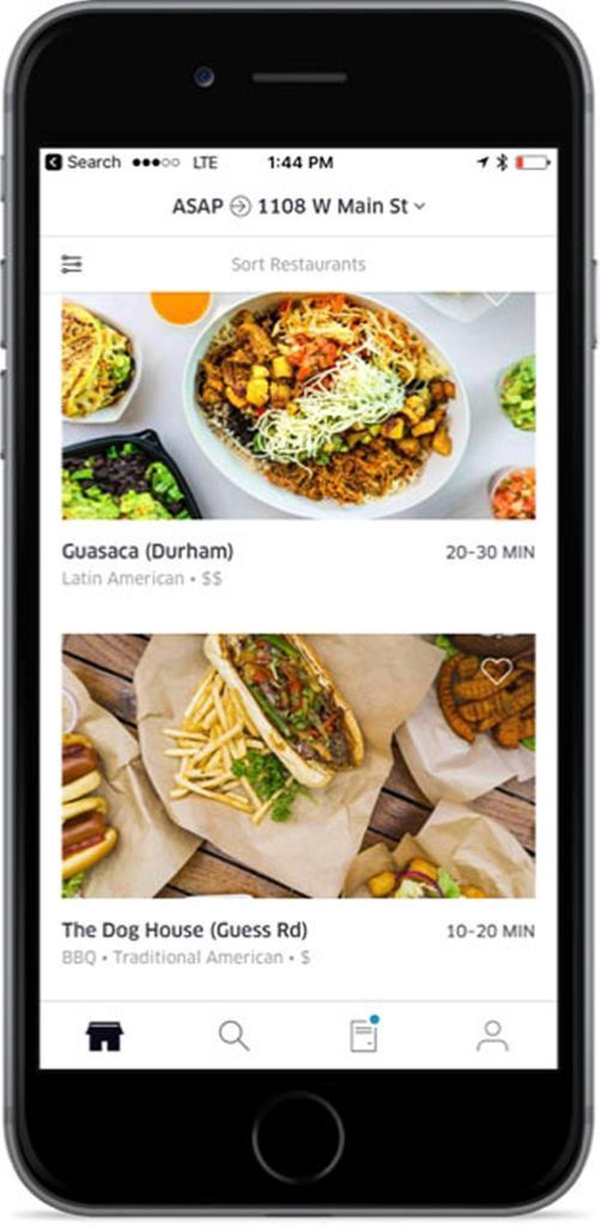 A screenshot of the Uber Eats app shows how restaurants will be listed if they’re available for delivery and about how long it might take to get your food.