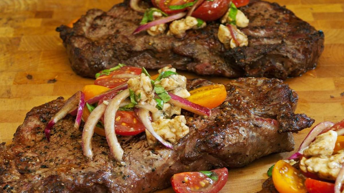 New York Strip with Summer Tomato and Blue Cheese “Salsa.”