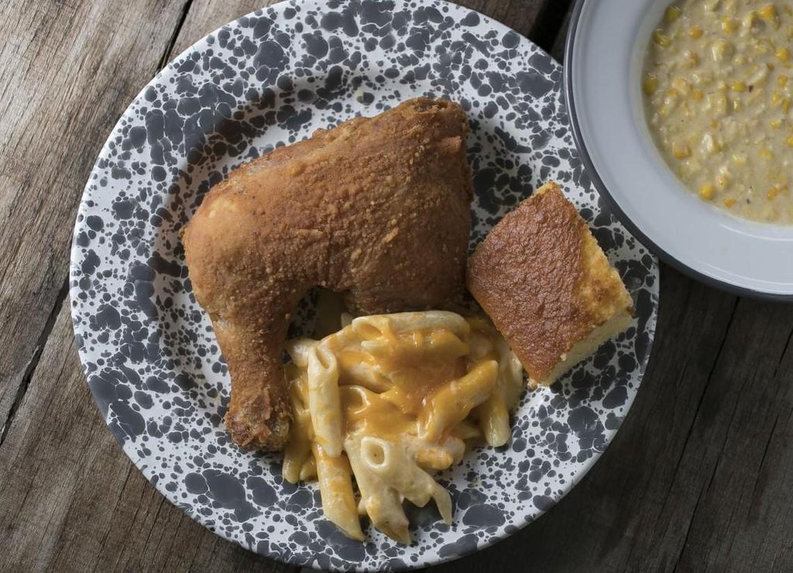 Fried chicken, mac and cheese, cornbread and creamed corn at Southern Smoke BBQ in Garland.