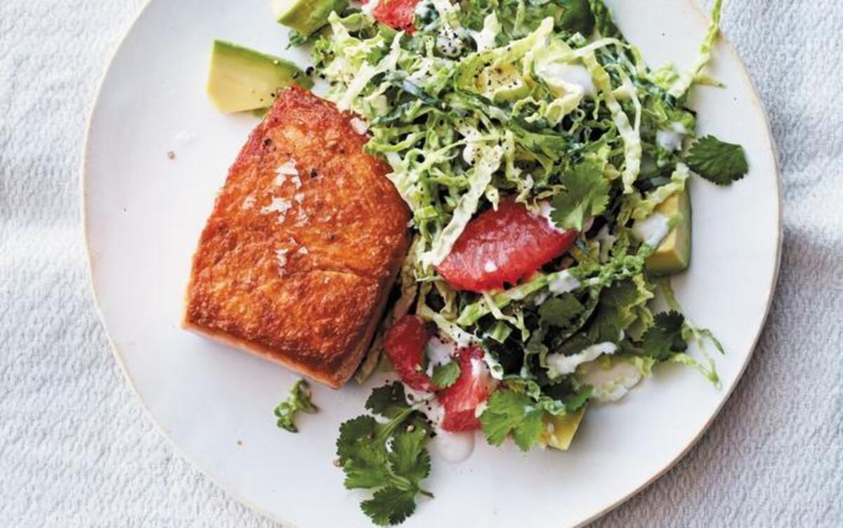 Lean proteins and a variety of fruits and vegetables follow the federal dietary guidelines for setting a healthy pattern of eating. This Pan-Roasted Salmon with Grapefruit-Cabbage Slaw from “Bon Appetit: The Food Lover’s Cleanse,” by Sarah Dickerman is a great recipe that falls under the guidelines.