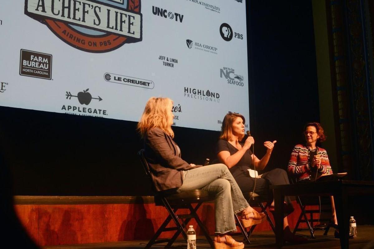 Following the screening of the first episode of season five of “A Chef’s Life,” director Cynthia Hill, left, and chef Vivian Howard, center, sit down for a Q&A with former Food & Wine editor Dana Cowin.