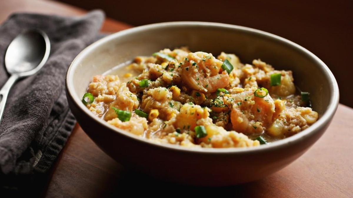 This Quinoa Corn Chowder by Trisha Yearwood calls for adding bacon as a garnish.