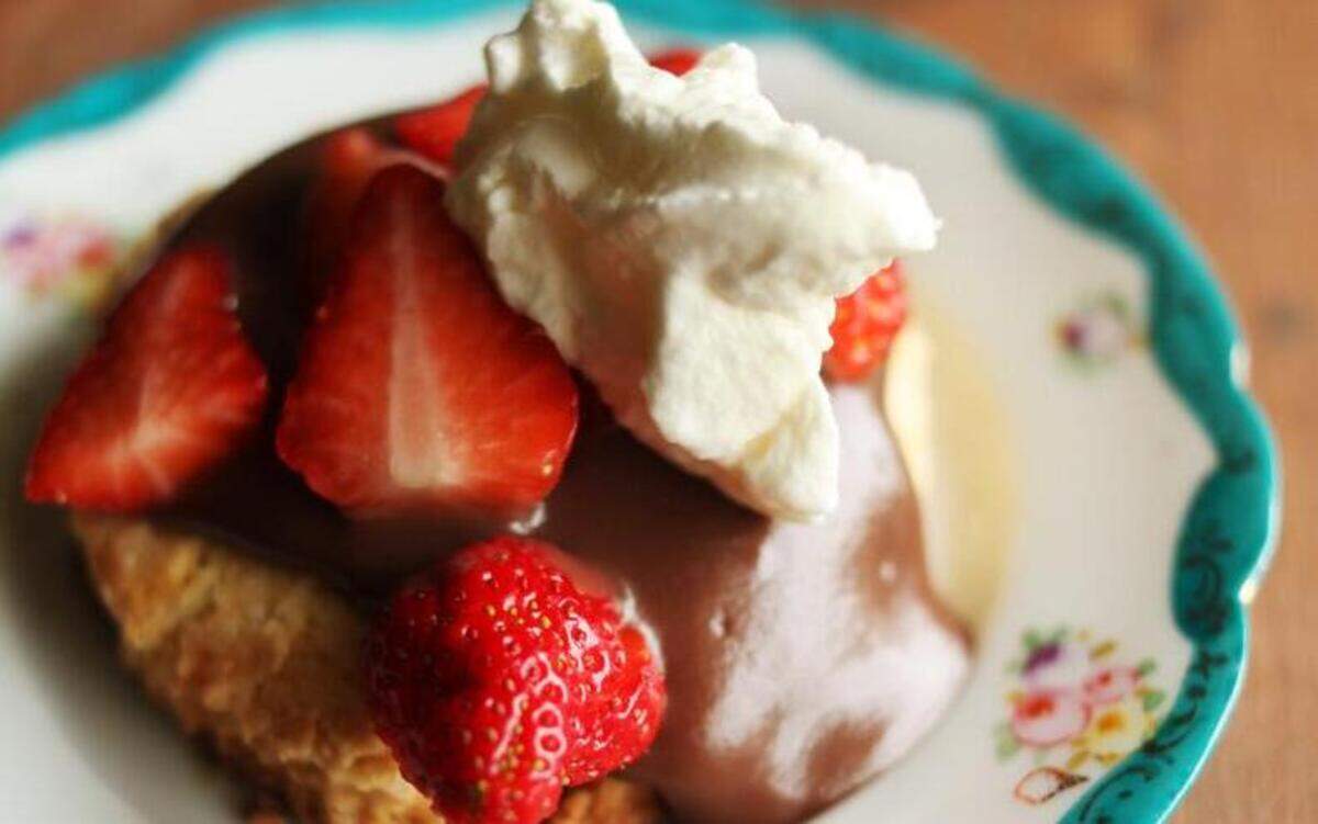 
Fresh Strawberries and Shortcake Cream Biscuits with Chocolate Gravy.
