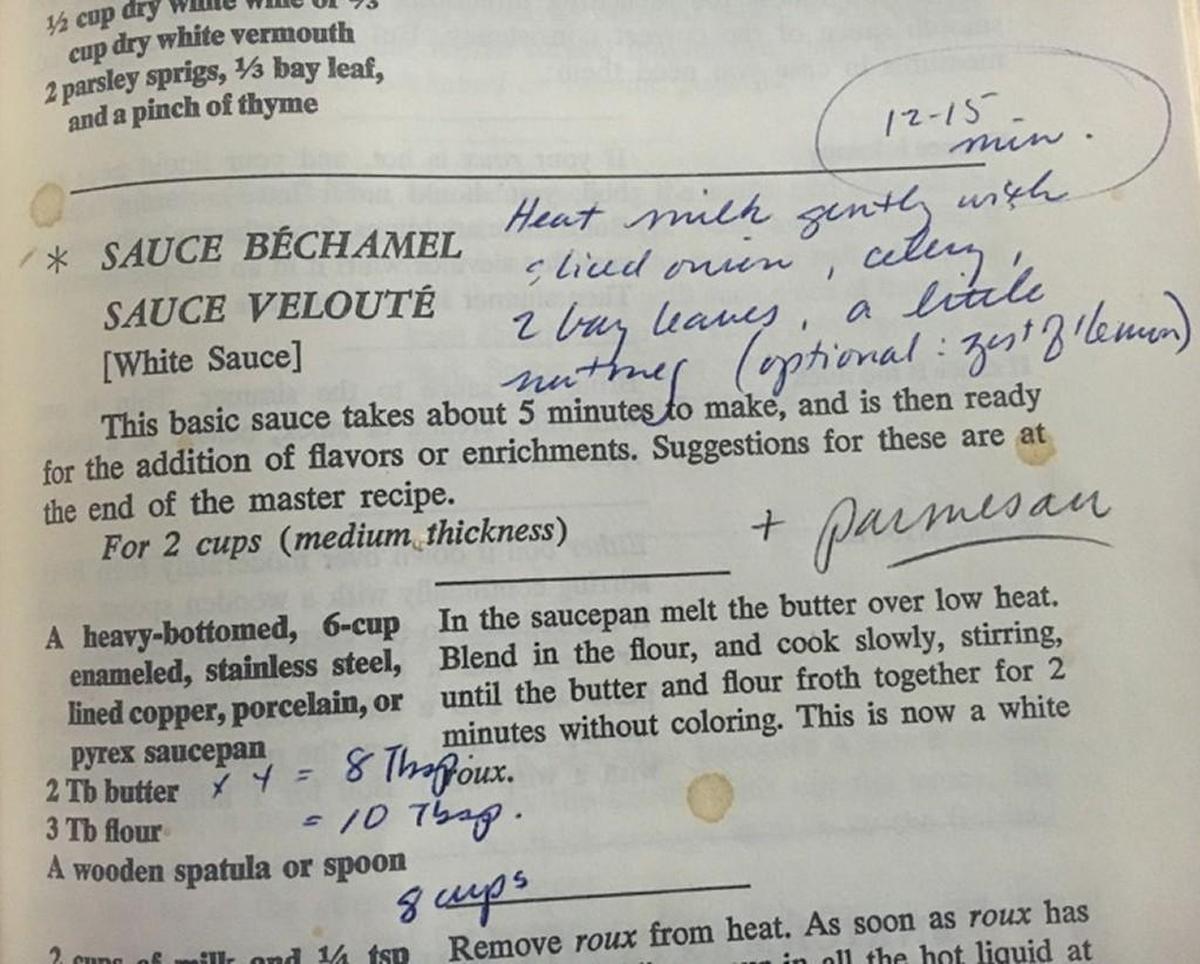 Bill Neal’s handwritten notes are on many pages of Julia Child’s books, including tweaks on such classic “mother sauces” as Child’s bechamel.