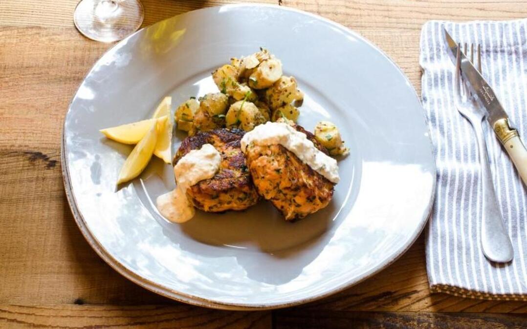 Fred’s Salmon Cakes recipe uses panko breadcrumbs, a Japanese breadcrumb sold at most grocery stores.