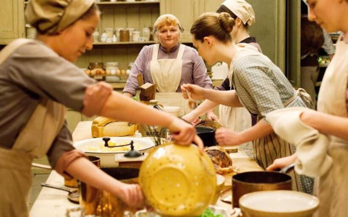 Mrs. Patmore (Lesley Nicol) keeps a keen eye on her kitchen staff in “Downton Abbey.”