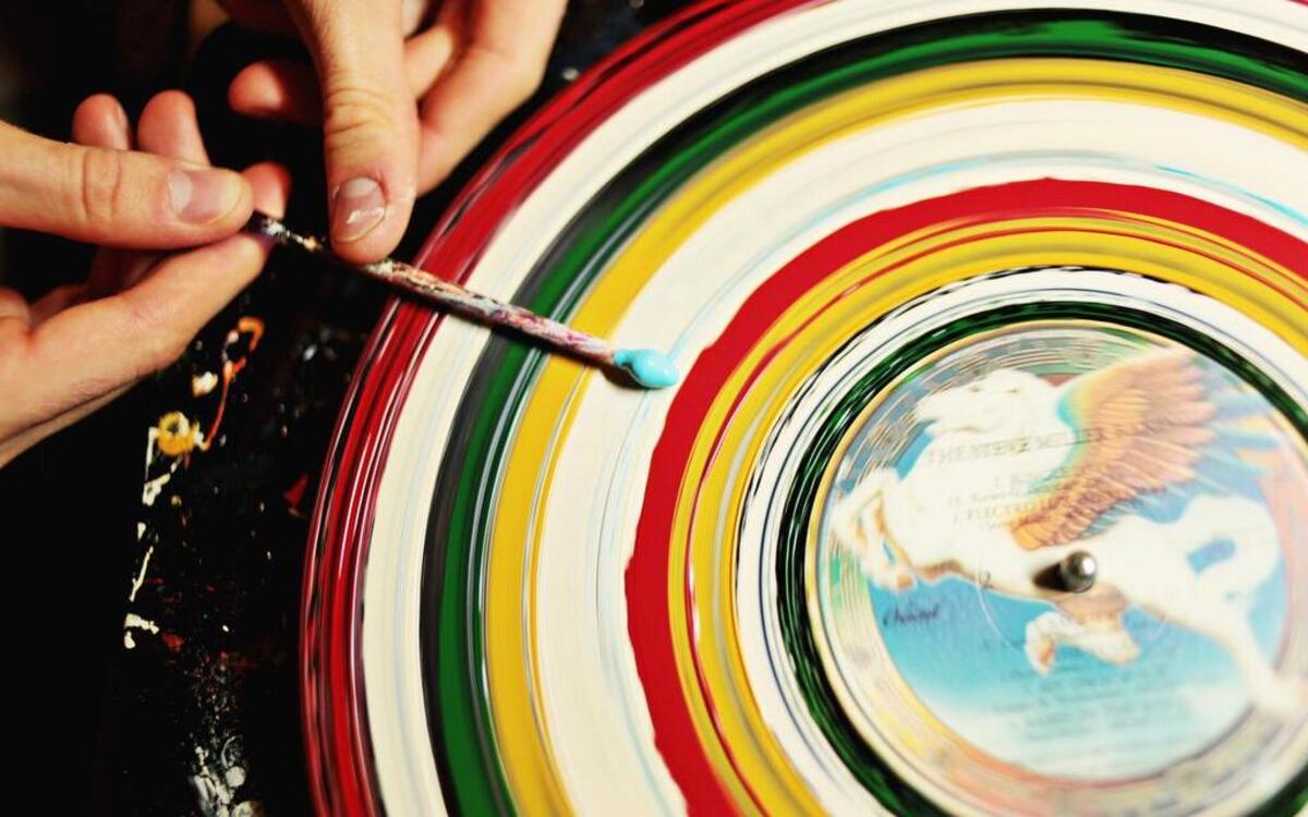 
Put the record on a turntable - preferably a variable speed one, Sean Zeph says. Select a speed, turn it on, and paint the record as it spins. “Use it kind of like a potter’s wheel and apply the paint that way,” Zeph says.
