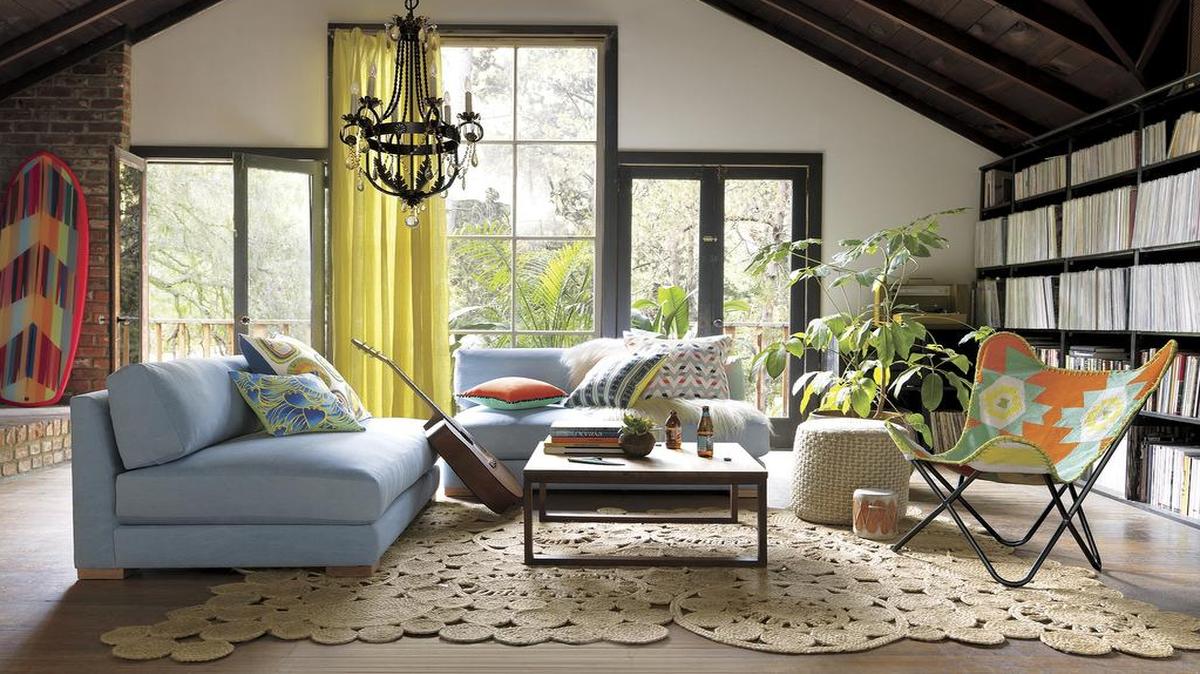 
These 120-inch-long sheers create a bold statement in a large room with tall ceilings. The 100 percent pure, machine washable French/Belgian linen weaves a fine light-filtering drape in gauzy yellow, which flows long to floor or hems easy from overlock stitching at the edge. Panels are 48 inches wide, available in 84- or 120-inch lengths, at CB2.
