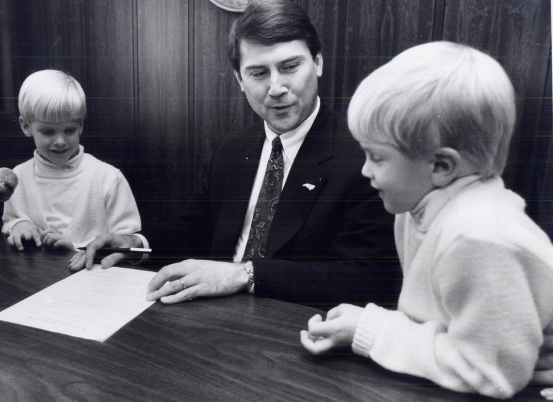 Dennis Wicker’s own twin sons Quinn and Jackson help their dad as he files to run for lieutenant governor in 1992.