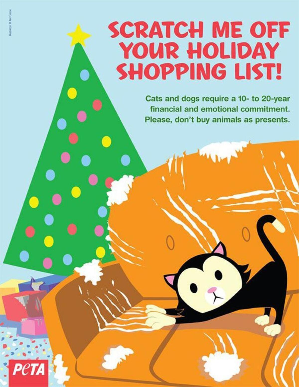 A print PSA by PETA urging people to not give animals as pets for the 2018 holiday season.