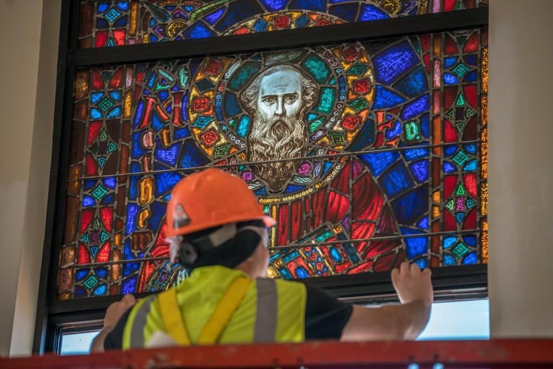 One of 45 restored windows from Ascension of Our Lord Catholic Church, a parish church in Philadelphia that closed in 2012, is installed in the Holy Name of Jesus Cathedral in Raleigh in March 2017.