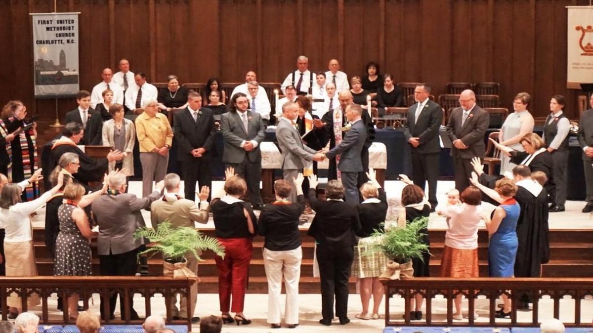 Hundreds of well-wishers attended the wedding of John Romano and Jim Wilborne at Charlotte's First United Methodist Church.
