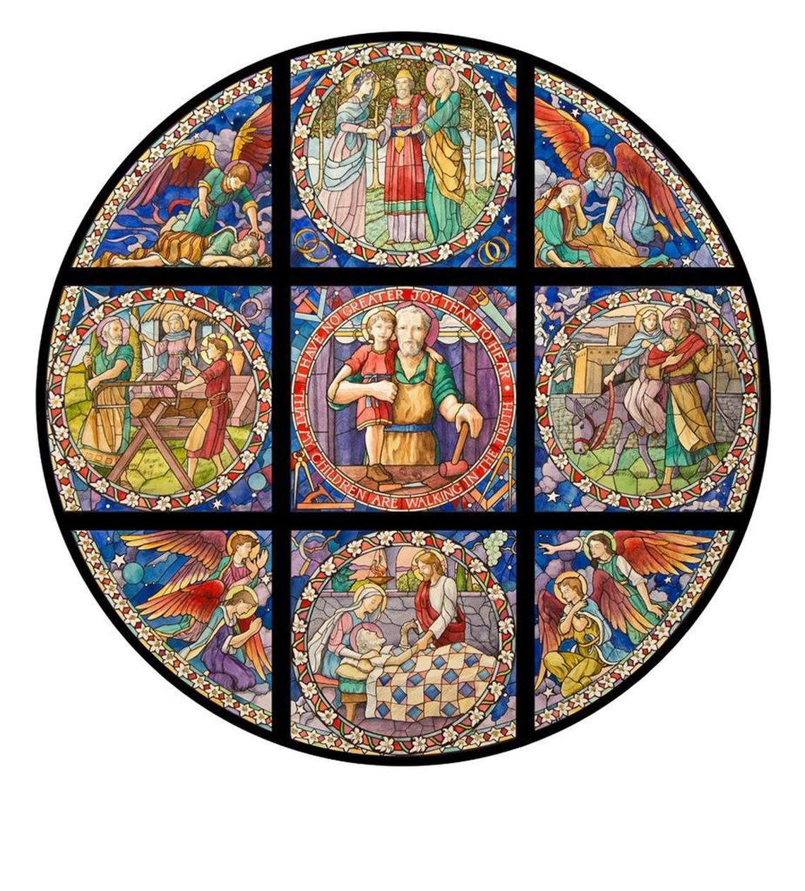 A custom-made rose window that tells the story of St. Joseph.