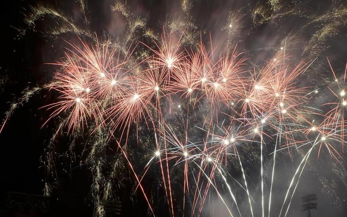 Fireworks light the sky over Five County Stadium during the Fourth of July celebration in Zebulon in 2014.