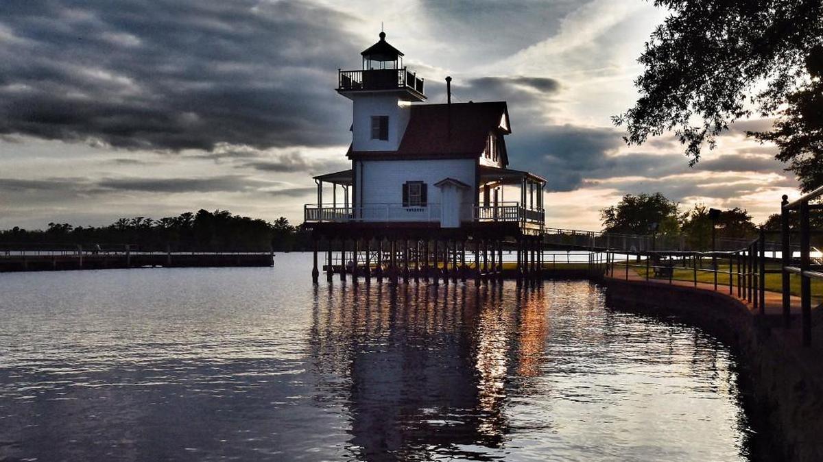 The Roanoke River lighthouse sits on the waterfront in Edenton. The lighthouse, originally built in 1886 has been moved several times and was renovated then reopened to the public in August 2014.