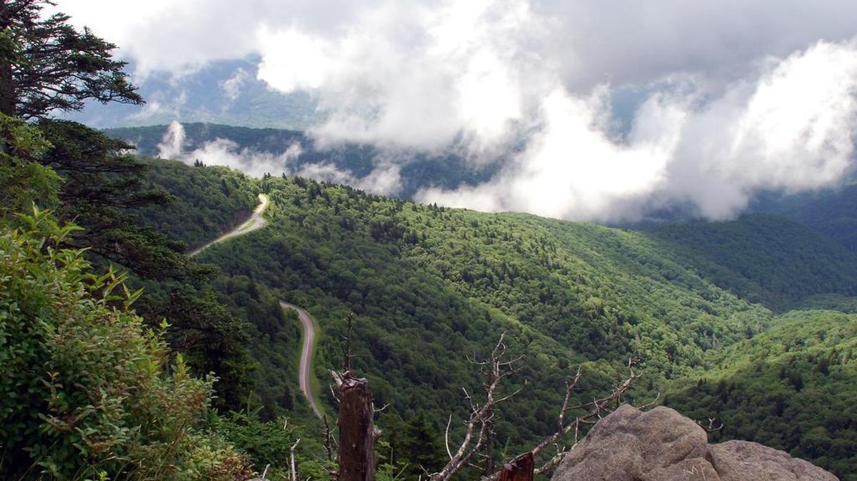 Clouds roll across the landscape in a view from Waterrock Knob on the Blue Ridge Parkway in this file photo.