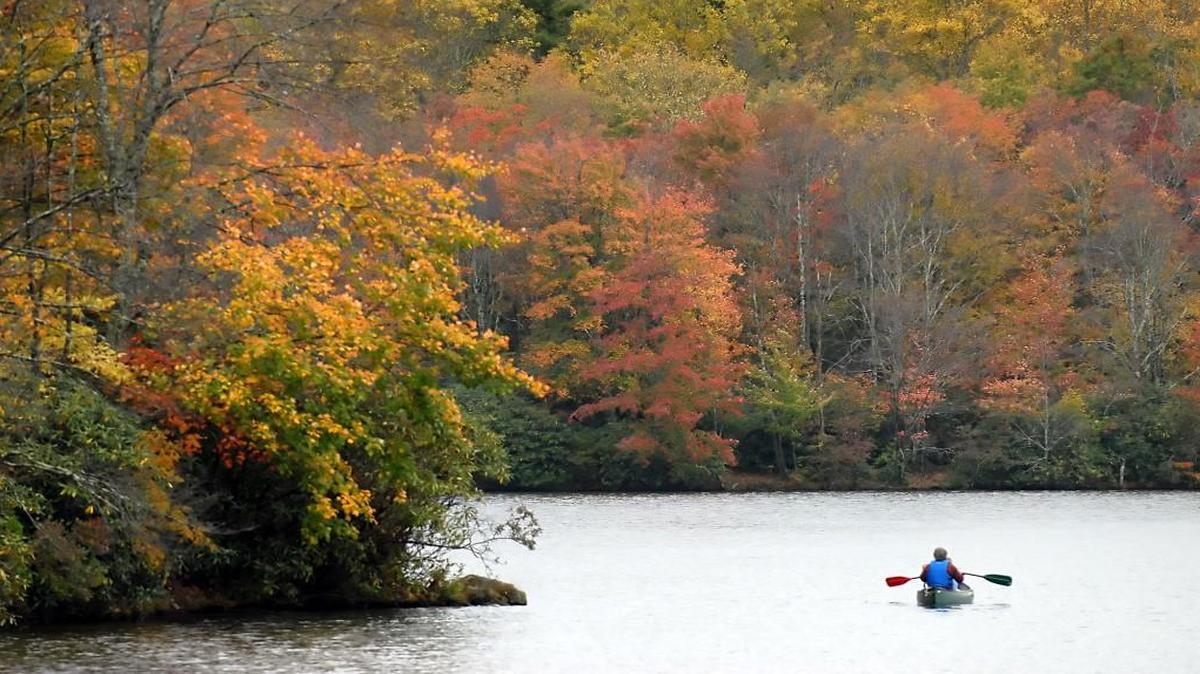 Even overcast days can’t diminish the beauty of an autumn canoe trip around Julian Price Lake on the Blue Ridge Parkway.