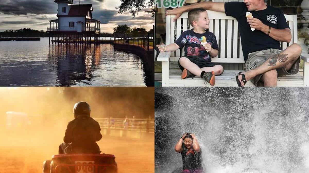 
Clockwise from top left, the Roanoke River lighthouse in Edenton harbor, Tom, 5, and his father Josh Hanson enjoy ice cream and time together on South Jefferson Avenue in West Jefferson, lawnmower races at the Ellerbe Lions Club Lawn Mower Racing in Ellerbe and T.K. Lee, of Augusta, Ga. enjoys the chilling waters of Looking Glass Falls in the Pisgah National Forest.
