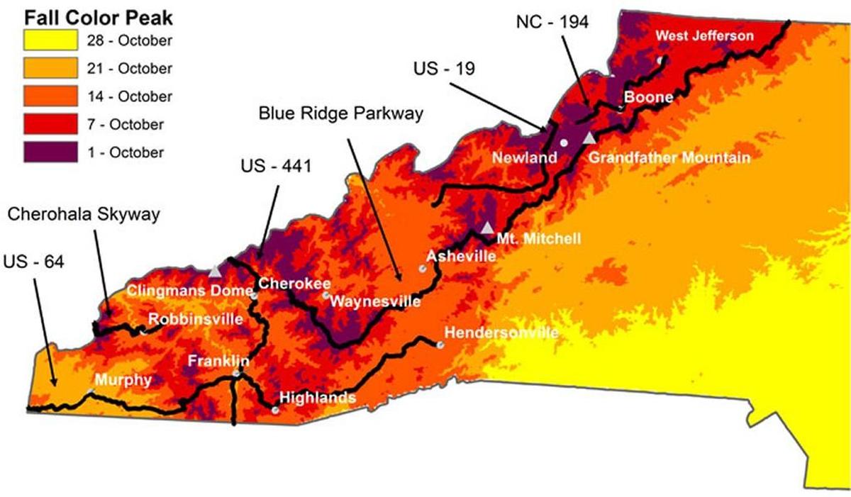 The fall color map for western North Carolina produced by the Department of Biology at Appalachian State University.