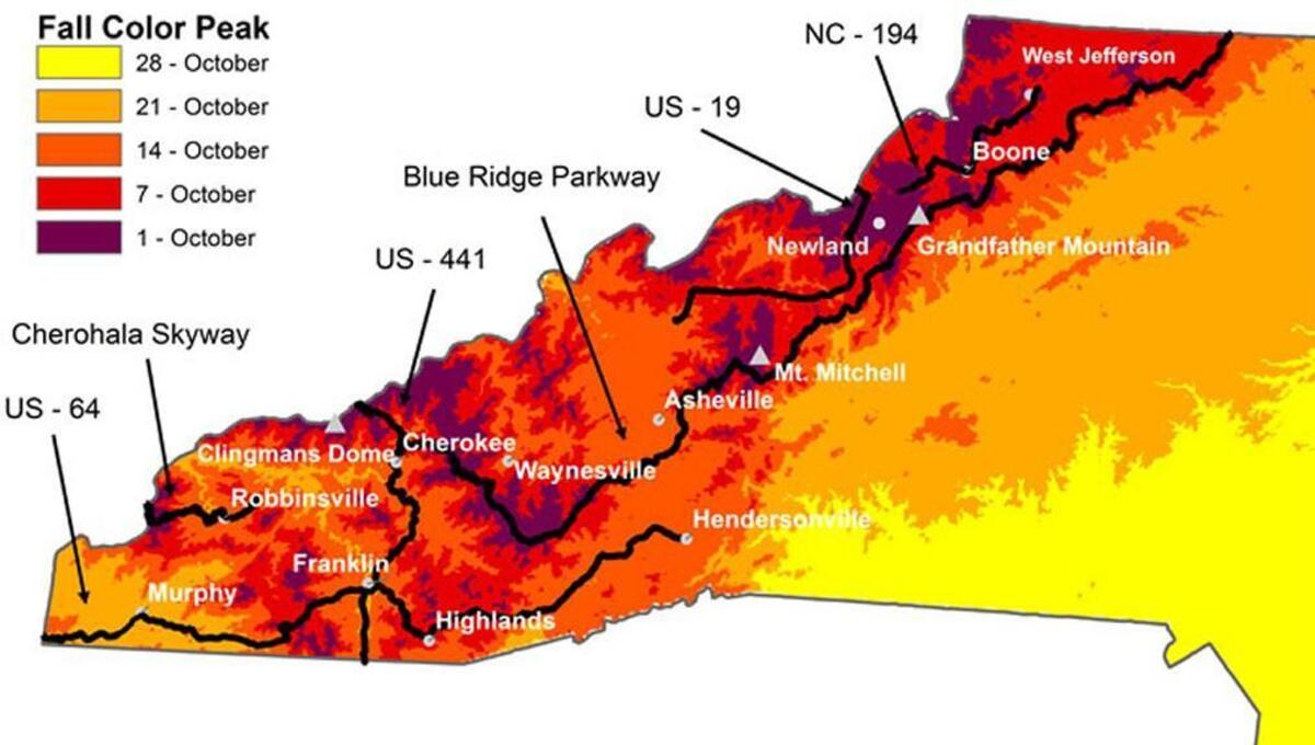 The fall color map for western North Carolina produced by the Department of Biology at Appalachian State University.