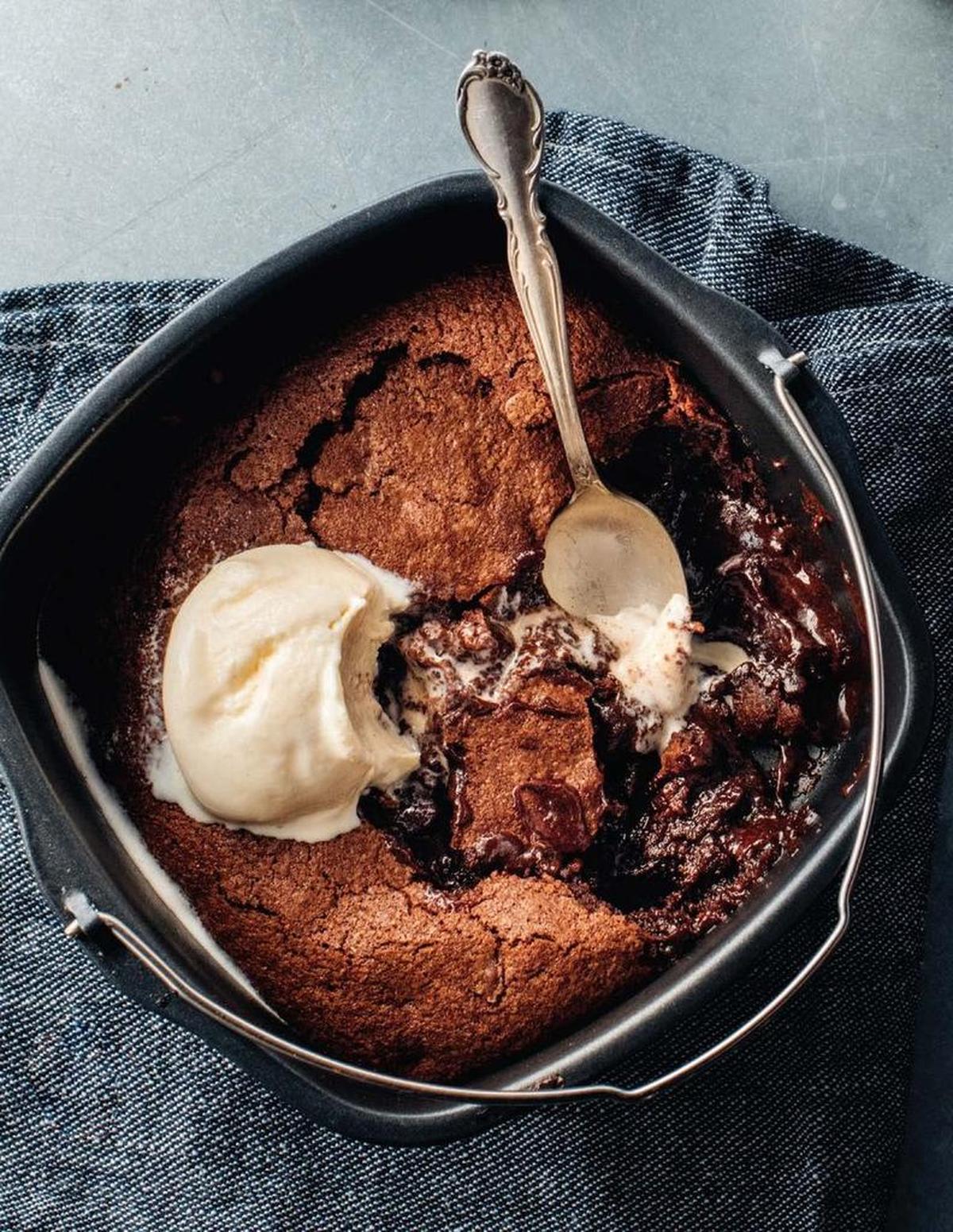 Gooey Spoon Brownies from “Air Fry Every Day” are made in an air fryer and are intentionally left soft in the middle, so you can spoon the brownie “pudding” straight into a bowl while hot and molten.
