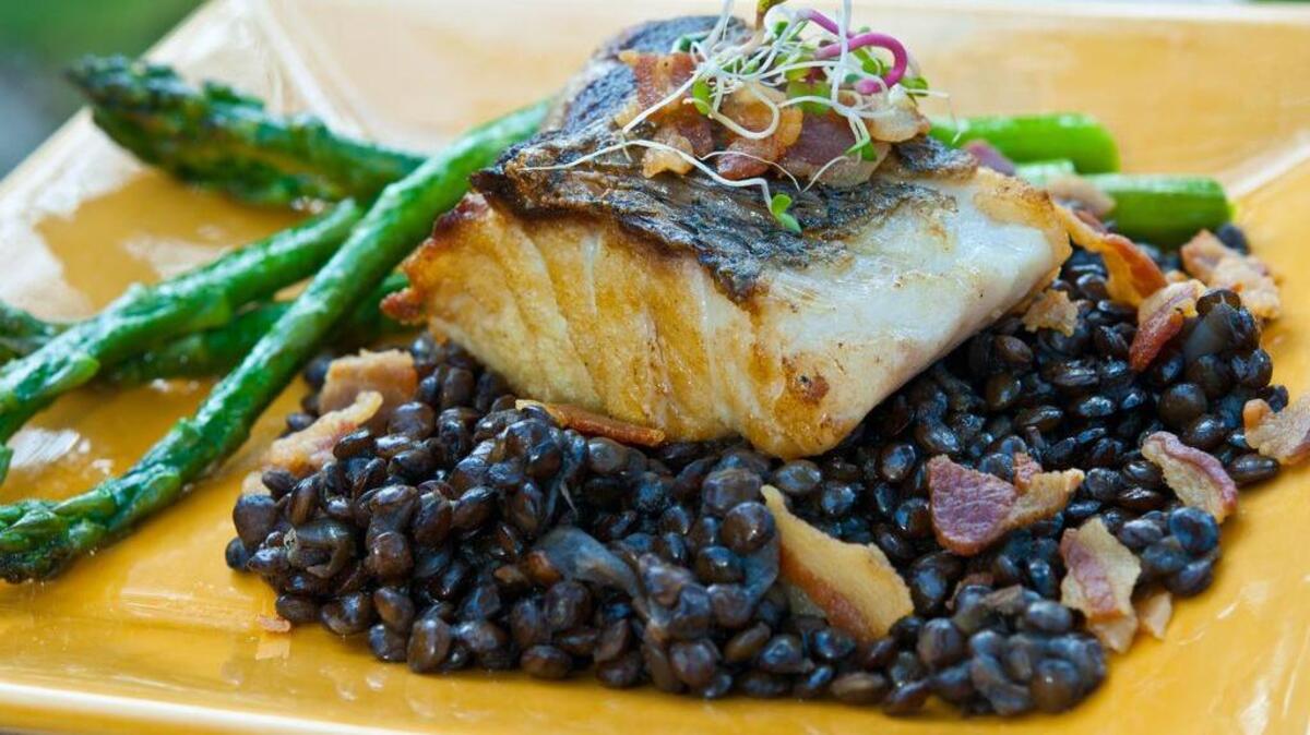 Striped bass with lentils.