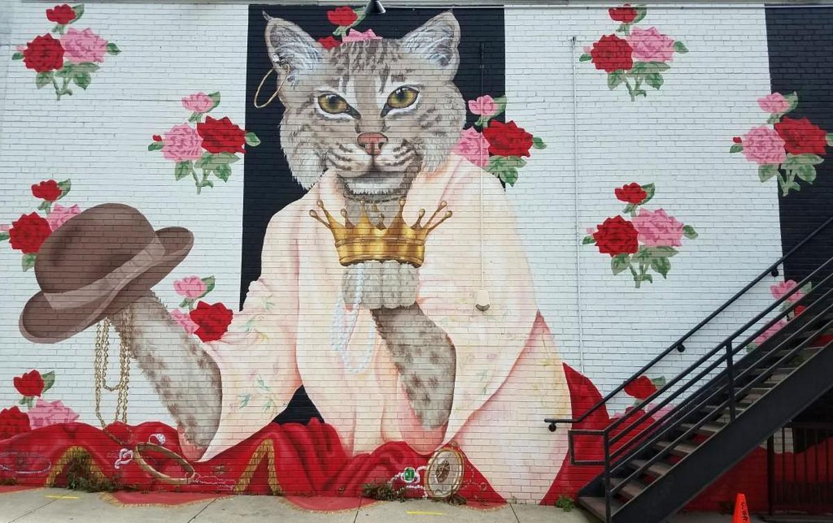 On Glenwood Avenue, a regal-looking cat holding a crown and surrounded by roses is a frequent draw. The Lisa Gaither mural is on the outside of C. Grace.