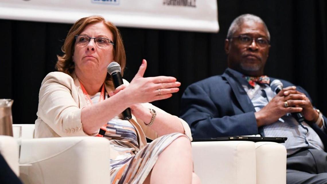 Raleigh Mayor Nancy McFarlane speaks during the “Primed for Amazon: Value & Cost of HQ2 for Cities” discussion at the South By Southwest festival in Austin, Texas,  on March 10, 2018. McFarlane was one of four panelists, including Kansas City Mayor Sylvester James Jr., seated right.