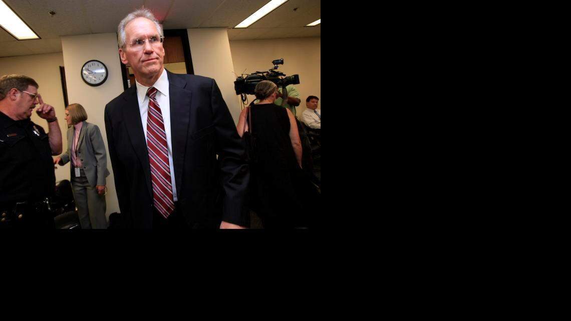 
Former Progress Energy CEO Bill Johnson arrives at Dobbs Building in Raleigh, North Carolina, to testify at the N.C. Utilities Commission, Thursday, July 19, 2012. 

