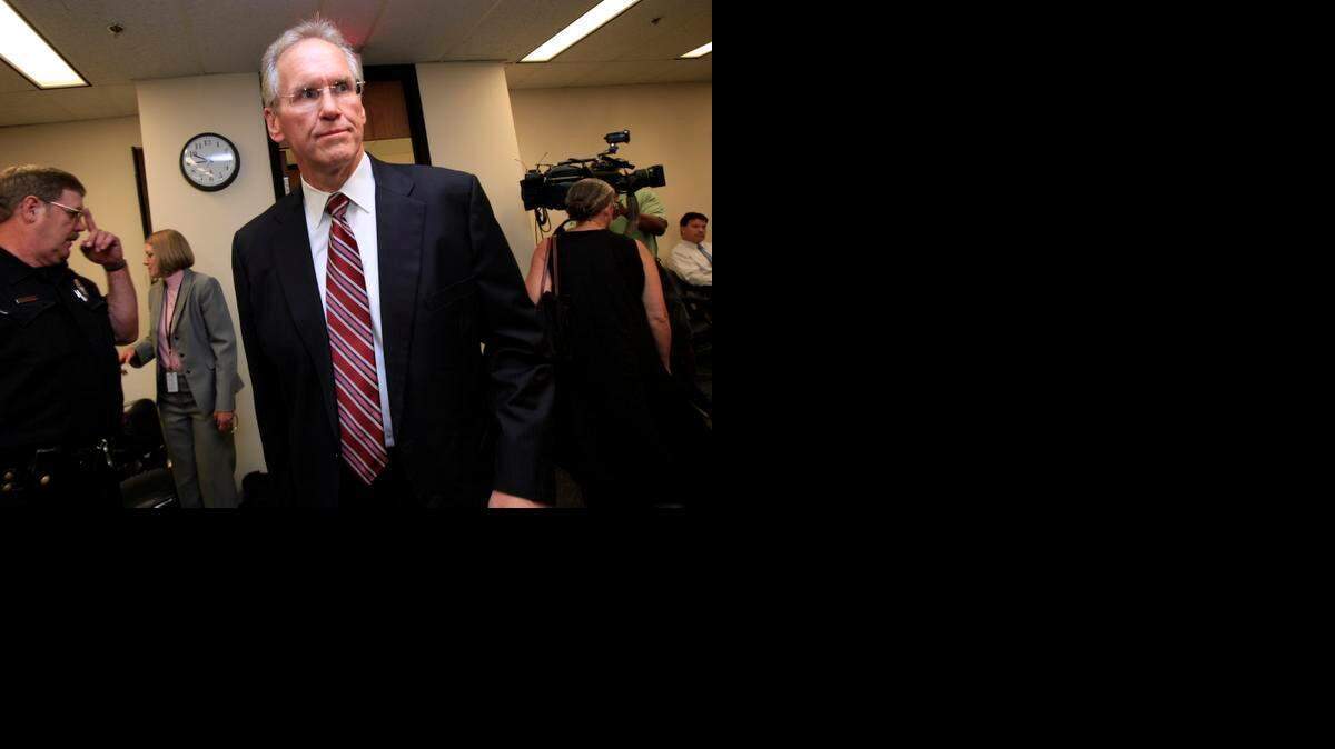 
Former Progress Energy CEO Bill Johnson arrives at Dobbs Building in Raleigh, North Carolina, to testify at the N.C. Utilities Commission, Thursday, July 19, 2012. 
