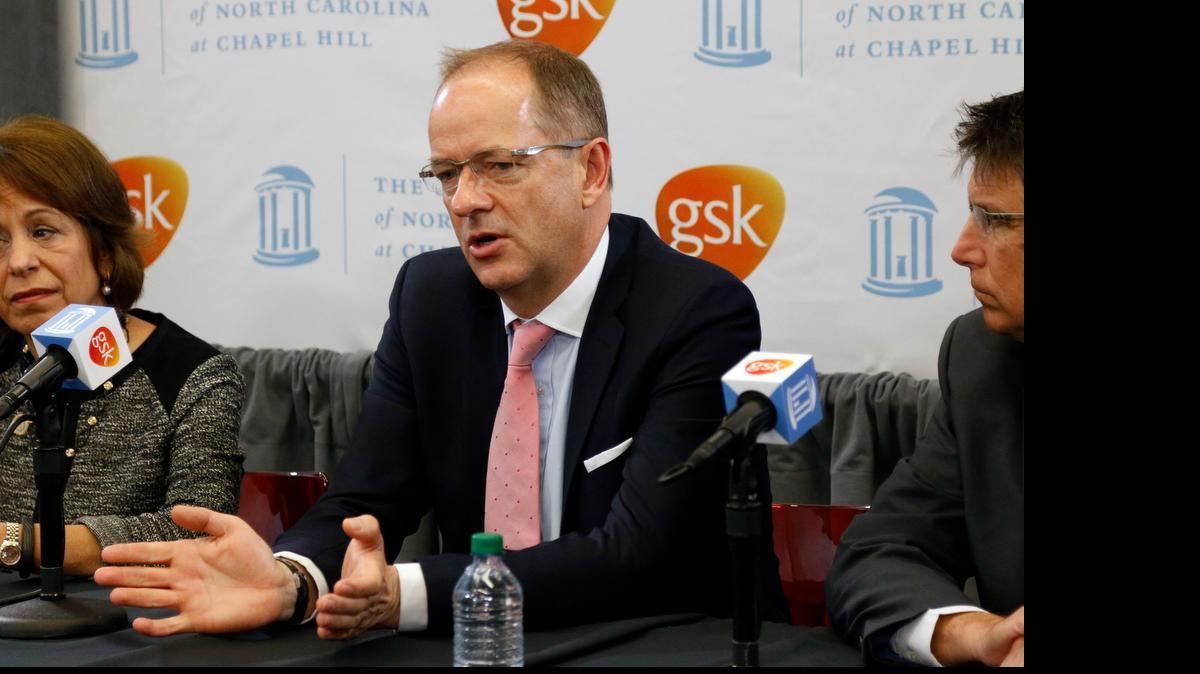
From left, UNC Chancellor Carol Folt, GlaxoSmithKline CEO Sir Andrew Witty, and NC Governor Pat McCrory took turns answering press questions in UNC's Marsico Hall Monday, May 11, 2015 after a UNC-CH/GSK announcement of a partnership to accelerate the search for an HIV cure. The new partnership will establish a dedicated HIV Cure center at UNC's Marsico Hall and also a new life sciences company Qura Theraputics to further HIV/AIDS research for a cure. 
