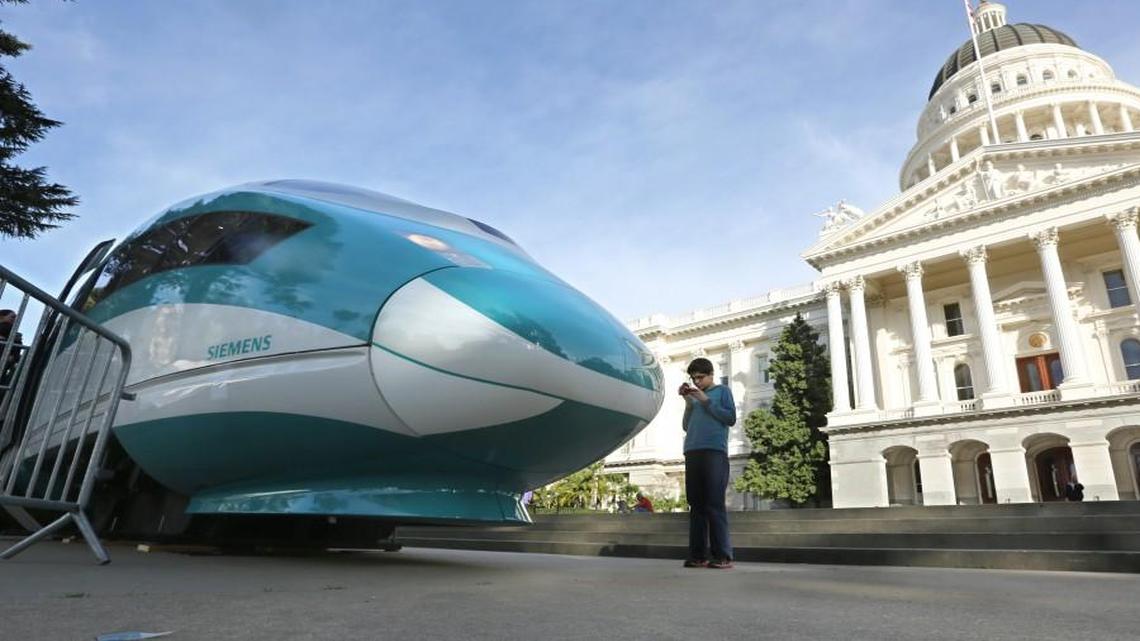 A full-scale mock-up of a high-speed train is displayed at the Capitol in Sacramento, Calif. State officials will return to Sacramento Superior Court Feb. 11 to defend the project against critics who say high-speed rail cannot meet promises made to voters who approved a $9.9 billion bond measure to build it.