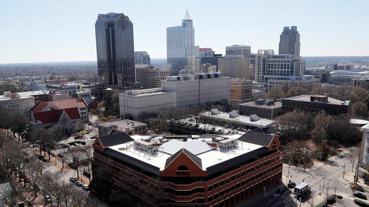 Skyline view of Raleigh, NC, as seen from the roof of the Holiday Inn Downtown on March 17, 2017. The building in the foreground is the Campbell University Law School.