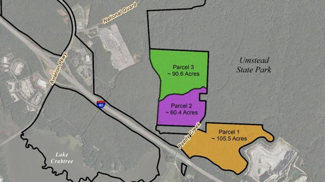 The Raleigh-Durham Airport Authority put these three pieces of land, totaling about 256 acres, up for lease in September 2017. It agreed to lease parcels 2 and 3 to Wake County for an off-road cycling park and allow Wake Stone Corp. to develop a quarry on parcel 1.