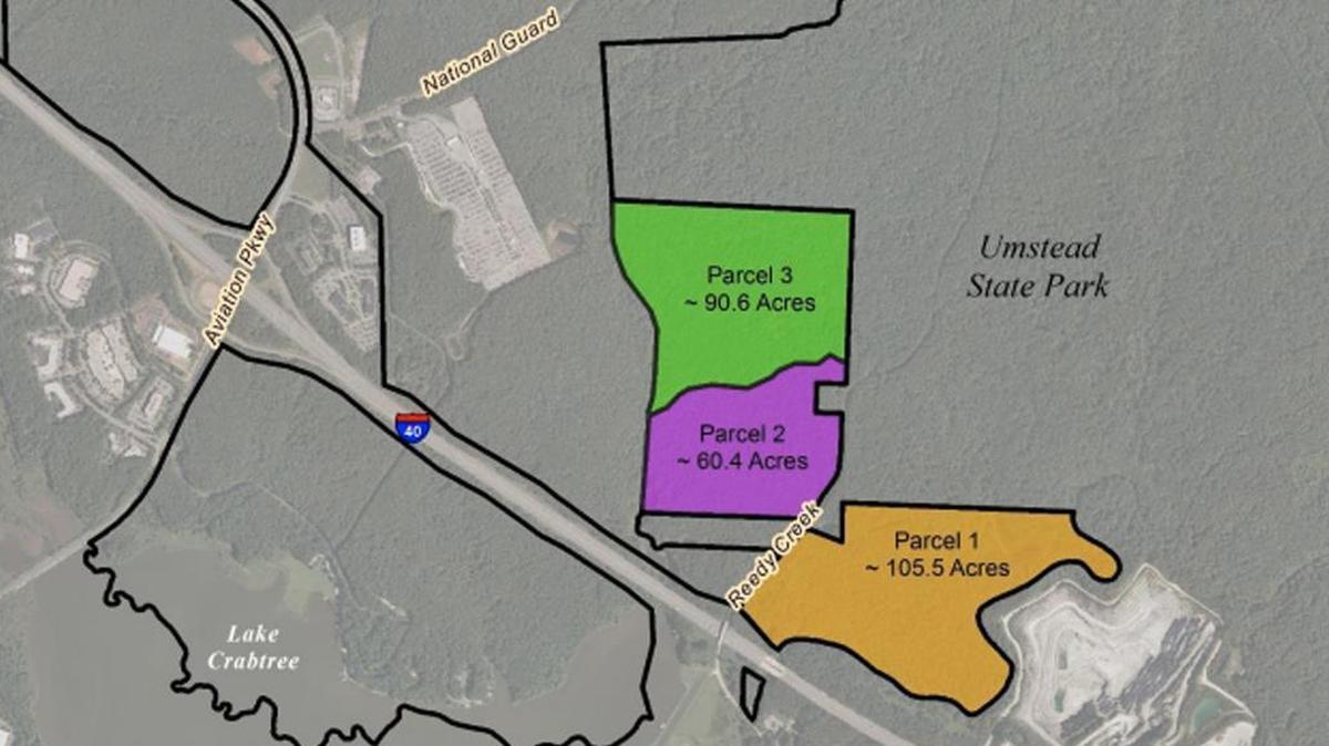 The Raleigh-Durham Airport Authority put these three pieces of land, totaling about 256 acres, up for lease in September 2017. It agreed to lease parcels 2 and 3 to Wake County for an off-road cycling park and allow Wake Stone Corp. to develop a quarry on parcel 1.