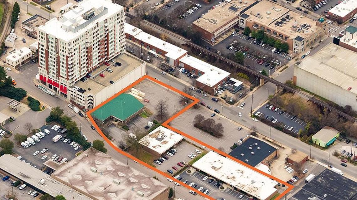 The outlined properties in this aerial view shows where developers just bought 2.17 acres for $10 million on North Harrington Street near Peace Street.