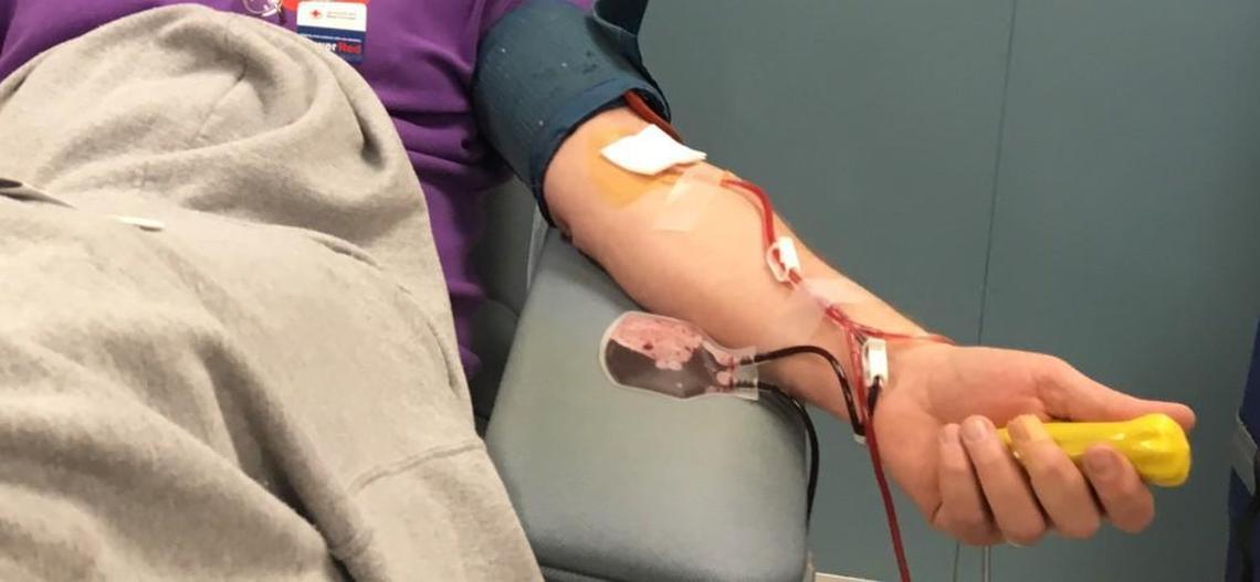 A donor gives blood at the Red Cross donation center in Raleigh, North Carolina.