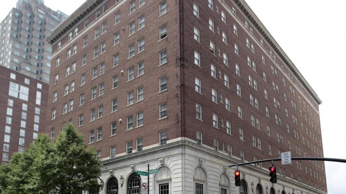 Front exterior of the venerable Sir Walter Apartments building, 400 South Fayetteville Street at the corner with Davie Street in downtown Raleigh, NC, Friday, April 22, 2016. Notice has been given that the apartment building is up for sale.