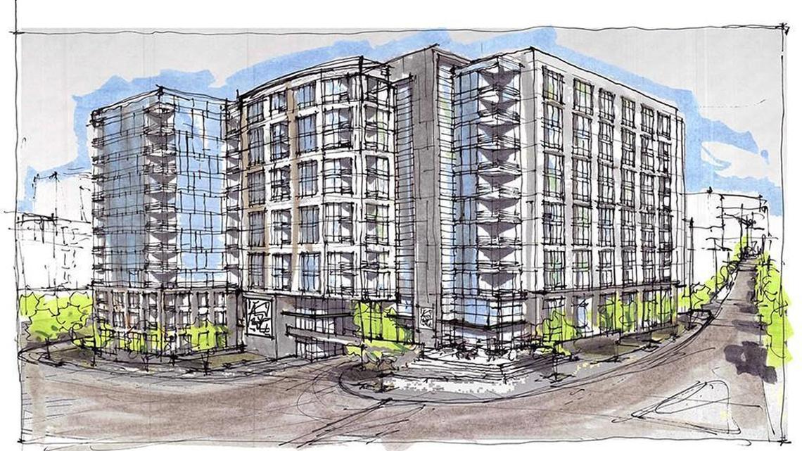 A sketch of Kane Realty and Williams Realty & Building Co.’s project planned for a nearly 4-acre site at the corner of Peace and West streets in downtown Raleigh.