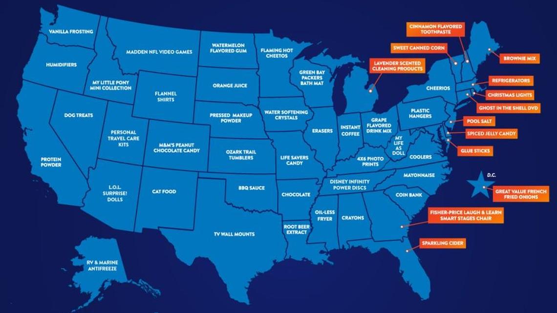 Walmart’s map of most interesting top sellers by state in 2017.