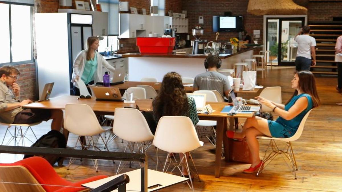 Start-up employees housed in the HQ Raleigh offices at 310 S. Harrington St. in Raleigh hold meetings and work independently Sept. 14, 2016.